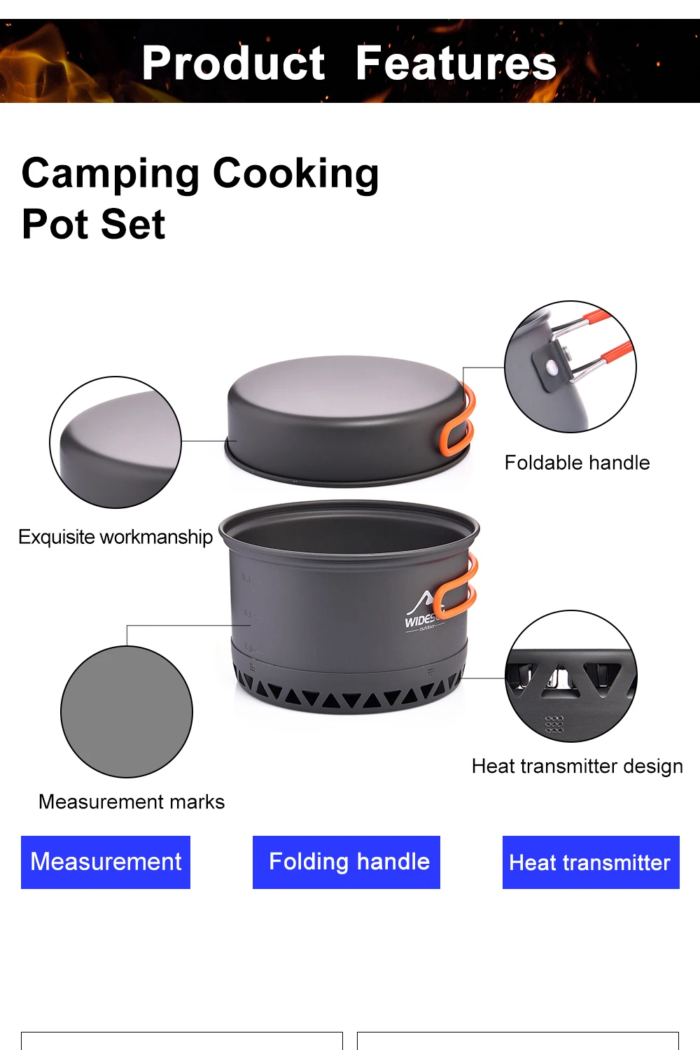 Widesea Camping 1.3L 2.3L Cookware Outdoor Cooking Set Heat Cooker Travel Tableware Pot Kettle - Image 14
