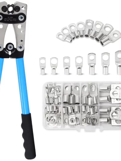 Battery Cable Lug Crimping Tool 10-1 AWG with Cutter, 60Pcs Copper Ring Terminals