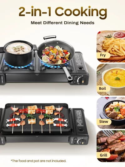 Portable Camping Stove with Grill 2 Burners Camping Stove with Non-sticking Coating Grill Tray Ignition Stove