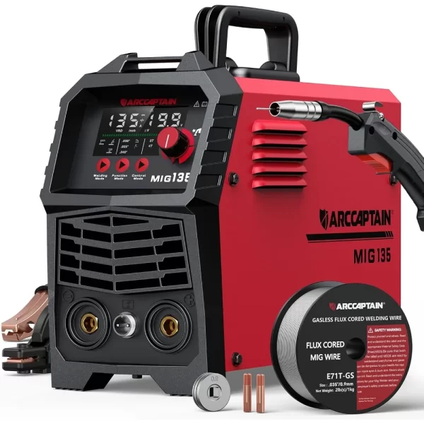 ARCCAPTAIN 135A MIG Welder, 2025 Newest [Large LED Display] 110V Welder Flux Core MIG, Lift TIG, Stick, 3 in 1 Welding Machine G