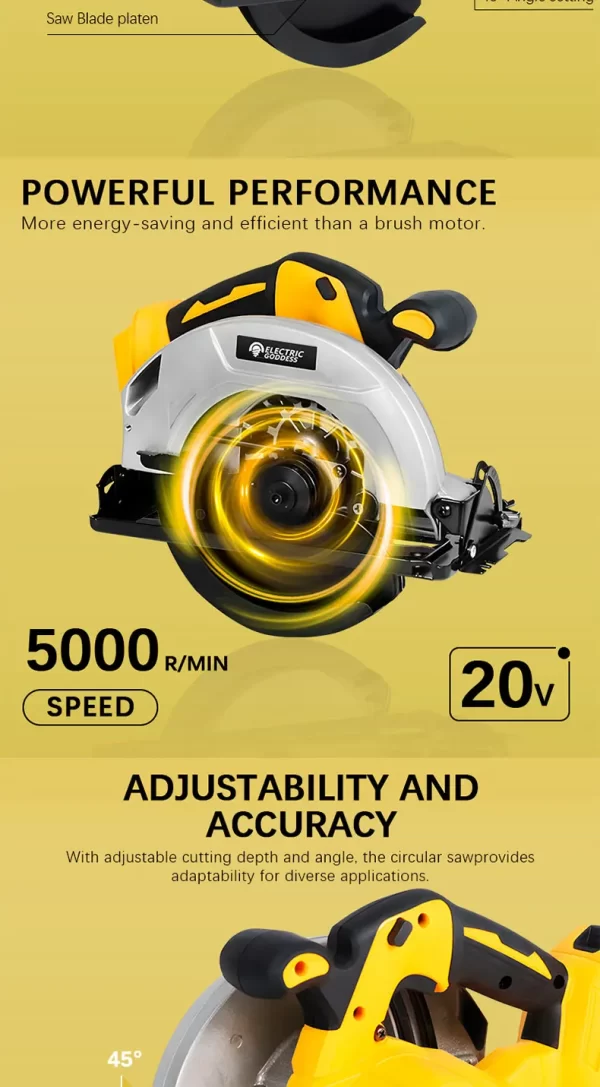 7-inch Cordless Circular Saw 5000rpm Brushless Woodworking Saw 45-degree Cutting Angle Adjustment For Dewalt 20V Battery Pin - Image 11