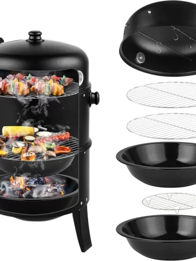 16 Inch Charcoal BBQ Smoker Grill,3-in-1 Portable Vertical Grill Cooker with Built-in Thermometers & Adjustable Vent Systems