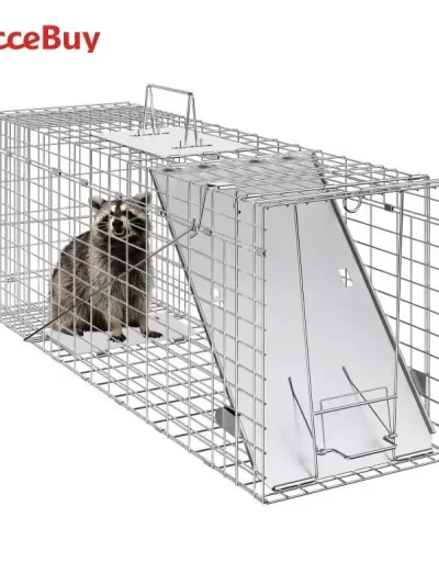 SucceBuy 24/31/42/50in Animal Cage Trap Folding Humane Cat Trap Galvanized Iron with Handle for Rabbits Squirrels Groundhogs
