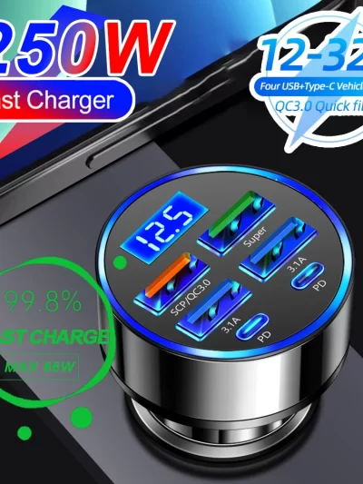 66-250W PD Car Charger QC3.0 Fast Charge One to Six Car Cigarette Lighter Plug