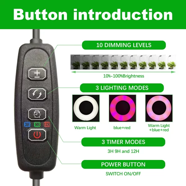 Three color with base plant light Full spectrum LED indoor plant growth light 3/9/12 timing height adjustable 10 levels dimming - Image 10