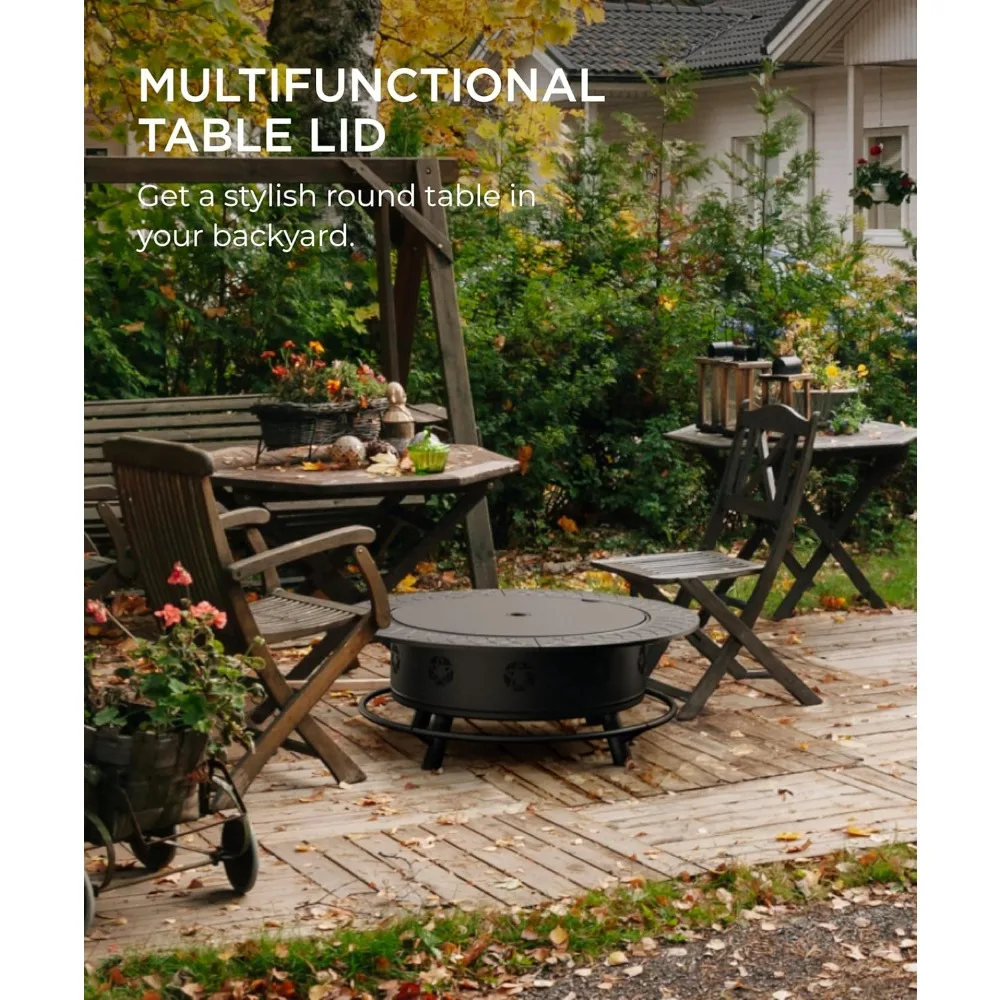 43 Inch Fire Pit with BBQ Grill, Wood Burning Fire Pits for Outside with Lid & Poker - Image 3