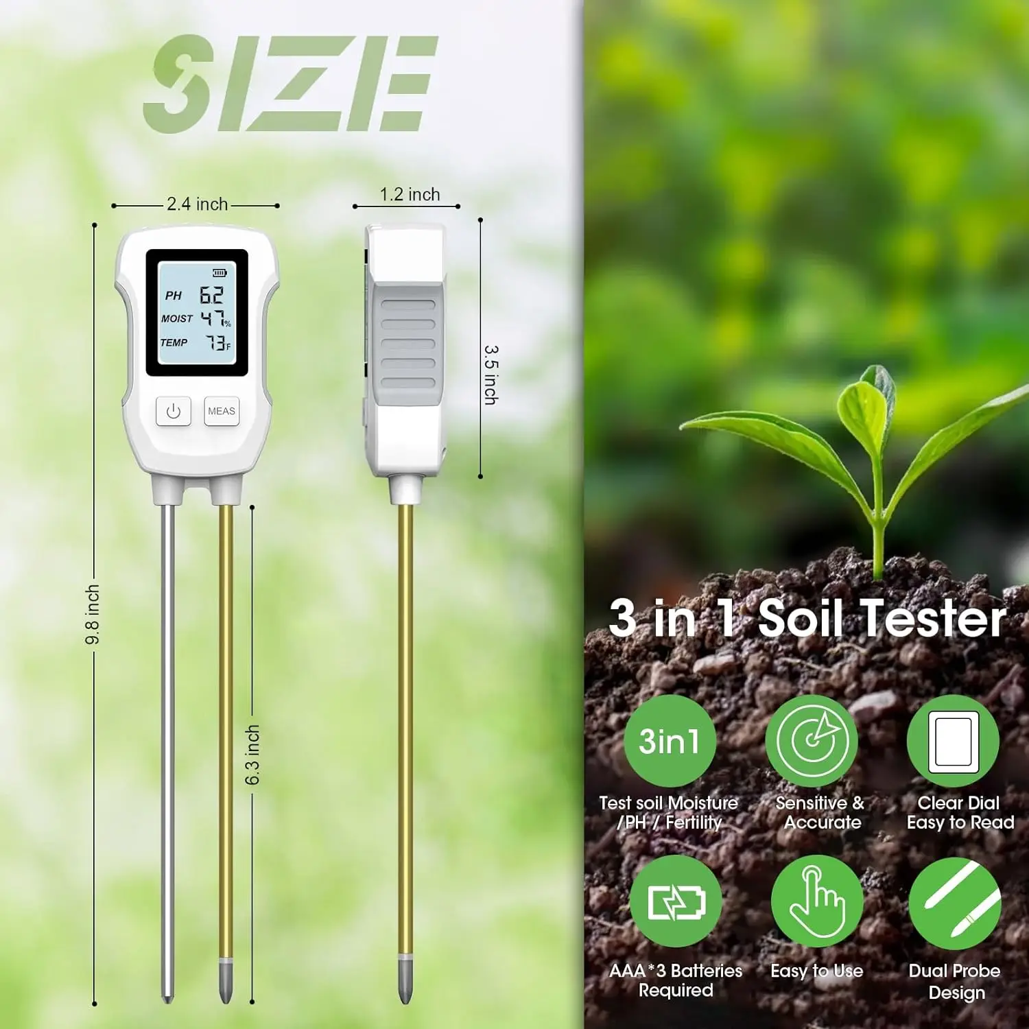 3 in 1 Digital LCD Soil Meter PH/Moisture/Temperature Soil Tester with Backlight for House Plants - Image 2