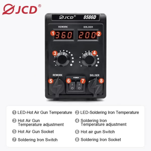 JCD 8586D Soldering Station 2 IN 1 Hot Air Gun Solder Station with 2 Digital display - Image 5