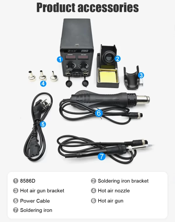 JCD 8586D Soldering Station 2 IN 1 Hot Air Gun Solder Station with 2 Digital display - Image 22