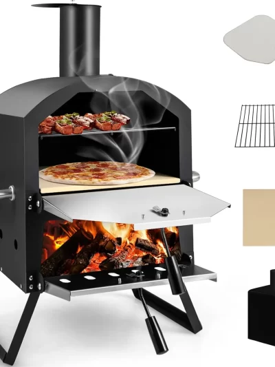 Outdoor Pizza Oven Wood Fired 2-Layer Pizza Maker with Pizza Stone