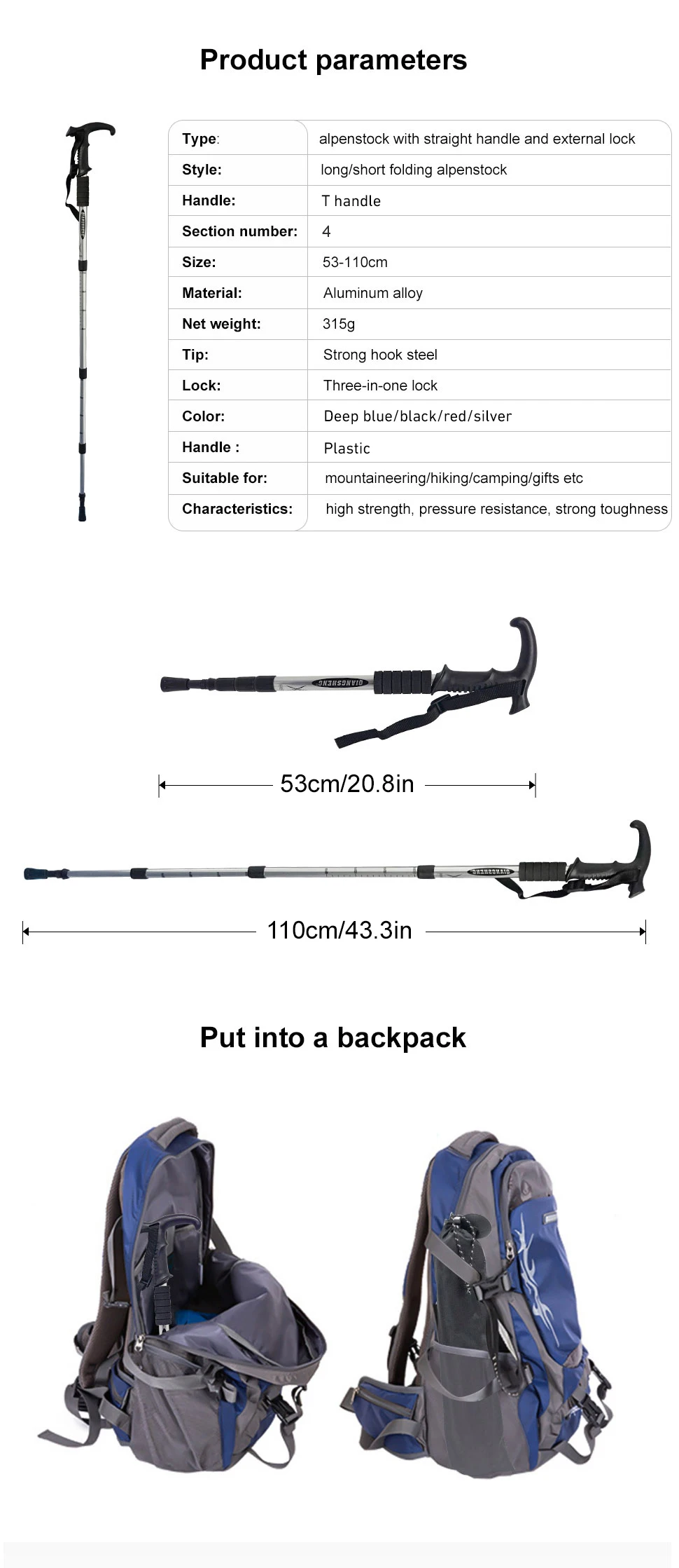 Outdoor Folding Trekkings Pole 4-Section Portable Walking Hiking Telescopic Stick Lightweight - Image 12
