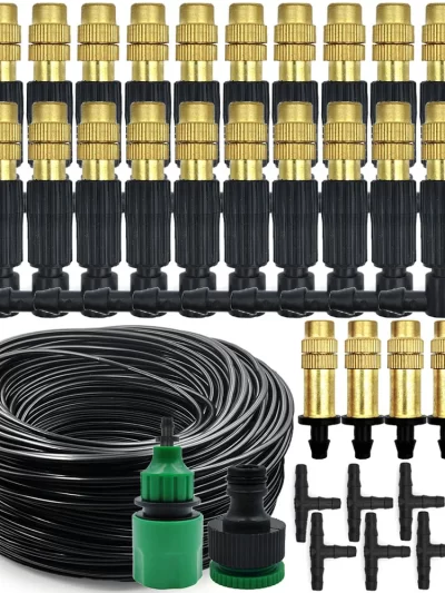 5M-30M Outdoor Misting Cooling System Garden Irrigation Watering 1/4'' Brass Atomizer Nozzles 4/7mm Hose for Patio Greenhouse