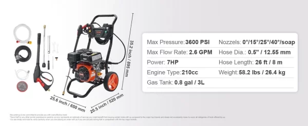 SucceBuy Gas Pressure Washer 3600 PSI 2.6 GPM Gas Powered Pressure Washer with Copper Pump Spray Gun and Extension Wand 5Nozzles - Image 14