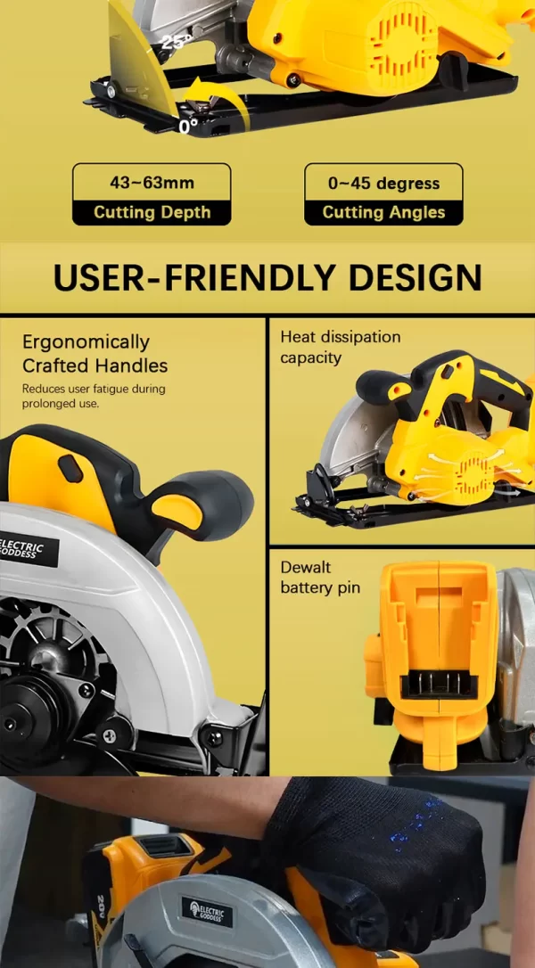 7-inch Cordless Circular Saw 5000rpm Brushless Woodworking Saw 45-degree Cutting Angle Adjustment For Dewalt 20V Battery Pin - Image 12