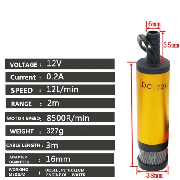 Portable Mini 12V 24V DC Electric Submersible Pump For Pumping Diesel Oil Water Aluminum Alloy Shell 12L/min Fuel Transfer Pump - Image 5