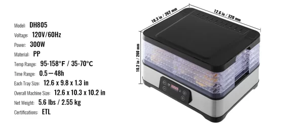 SucceBuy 5 Tray Food Dehydrator Machine 300W Stainless Steel Electric Food Dryer - Image 13
