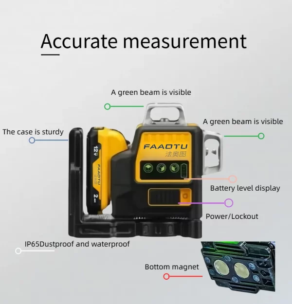 FAAOTU 089LG 12v 12 Line Laser Level Unit 3 Sides*360 Degree Vertical Self Levelling Green Professional Laser Level - Image 9