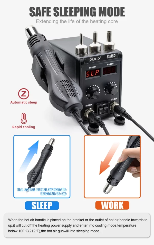 JCD 8586D Soldering Station 2 IN 1 Hot Air Gun Solder Station with 2 Digital display - Image 18
