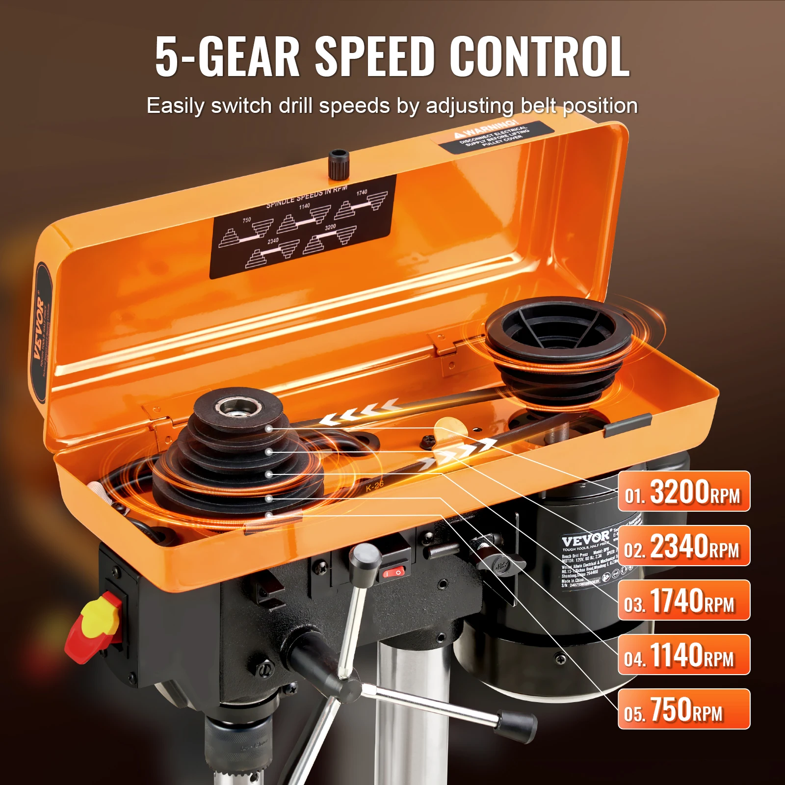 SucceBuy 8in Benchtop Drill Press 2.3A Induction Motor Tabletop Drilling Machine 5-Adjustable Speed - Image 3