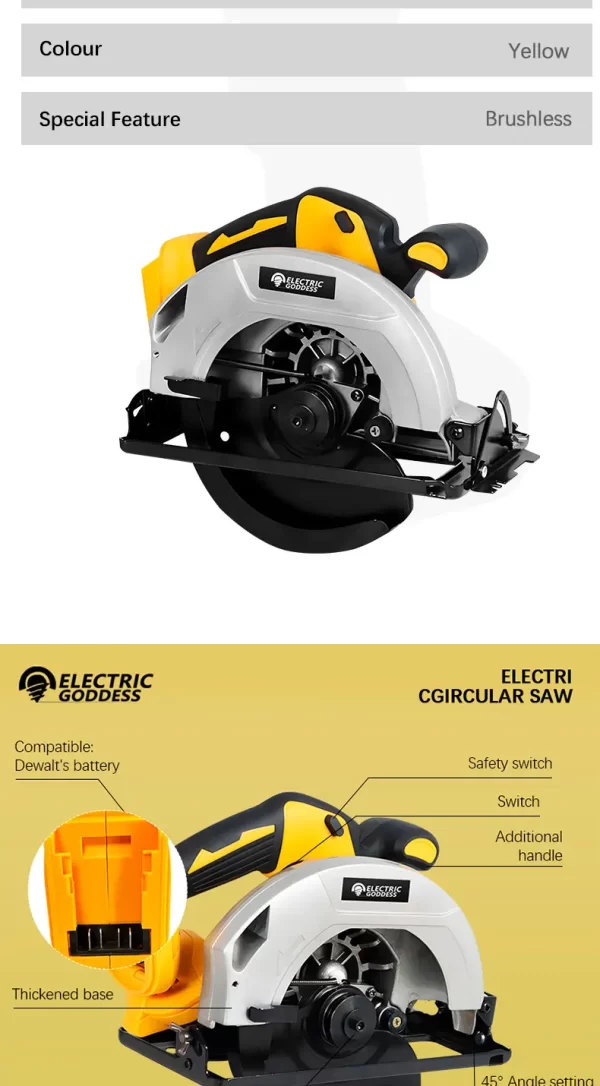 7-inch Cordless Circular Saw 5000rpm Brushless Woodworking Saw 45-degree Cutting Angle Adjustment For Dewalt 20V Battery Pin - Image 10