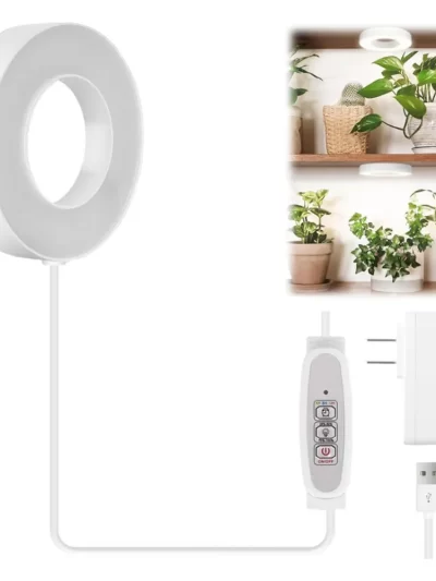 Full Spectrum Ceiling Grow Light 3/9/12H Timer LED Halo Plant Lamp Height Adjustable Under Cabinet Plant Lamp for Indoor Plants