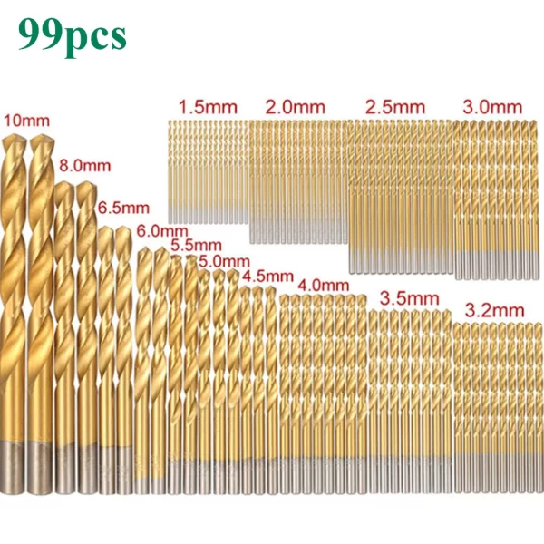 99Pcs 1.5mm - 10mm Titanium Coated Drill Bits HSS High Speed Steel Drill Bits Set
