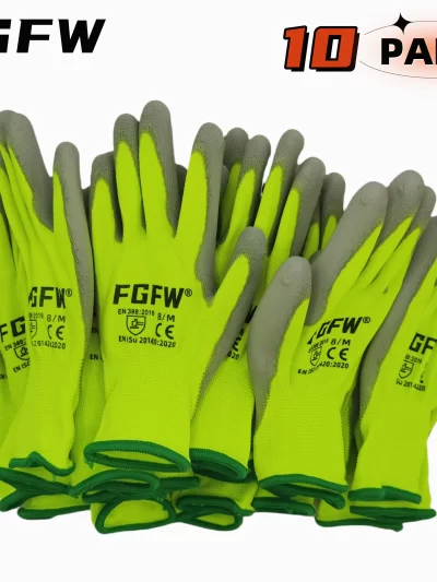 10 Pairs PU Coated Work Gloves - Lightweight, Durable Safety Gloves EN 388/ISO20471 Certified, Sizes S/M/L/XL