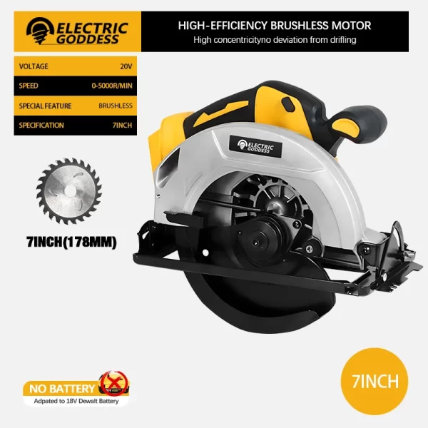 7-inch Cordless Circular Saw 5000rpm Brushless Woodworking Saw 45-degree Cutting Angle Adjustment For Dewalt 20V Battery Pin - Image 7