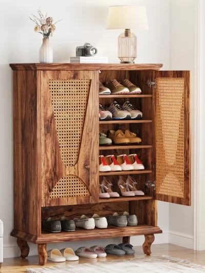 Tribesigns Rattan Shoe Cabinet for Entryway, 5-Tier Large Hidden Shoe Organizer Cabinet with Ventilated Doors, 25-Pair Shoe Rack