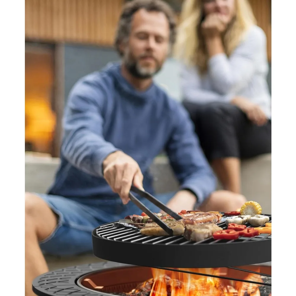 43 Inch Fire Pit with BBQ Grill, Wood Burning Fire Pits for Outside with Lid & Poker - Image 6