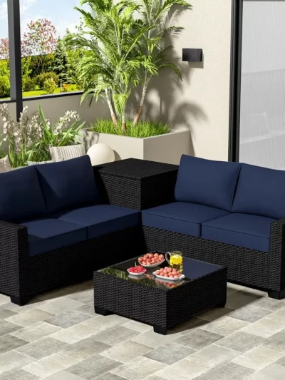 4-Piece L-Shaped Patio Furniture Set with Hydraulic Storage Box & Tempered Glass Coffee Table - All-Weather PE Rattan Outdoor Co
