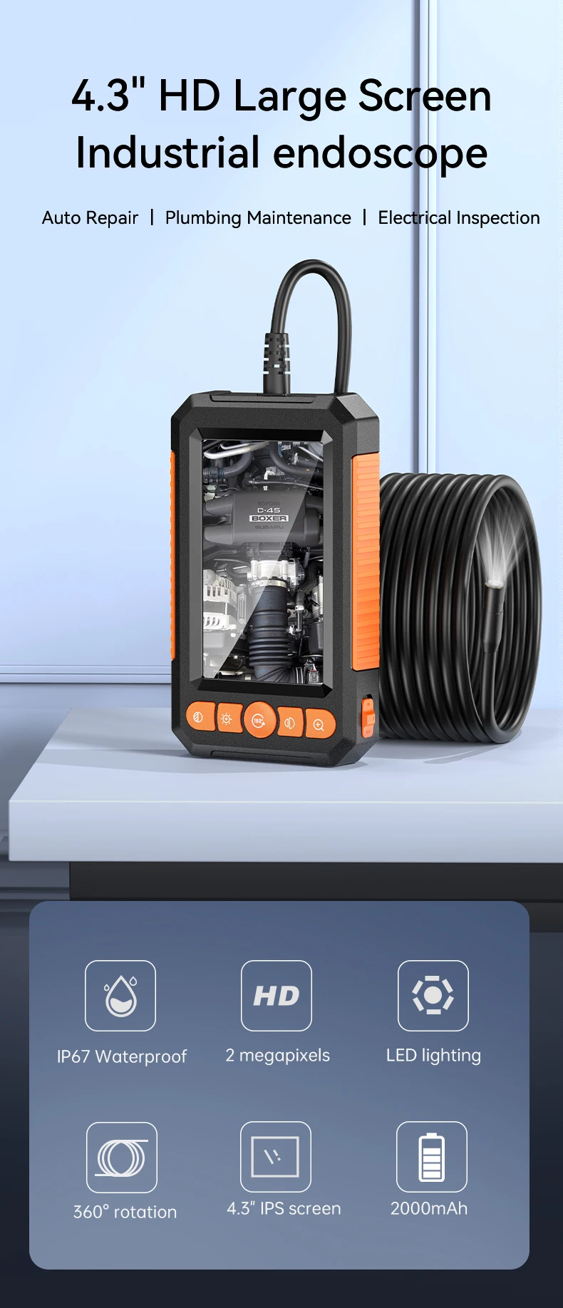 KERUI Industrial Endoscope Camera 4.3 "Single Dual Lens HD 1080P Car Inspection Borescope IP67 Waterproof Sewer Camera With LED - Image 10