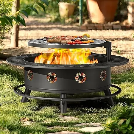 43 Inch Fire Pit with BBQ Grill, Wood Burning Fire Pits for Outside with Lid & Poker - Image 7