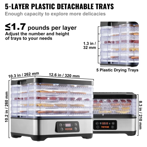 SucceBuy 5 Tray Food Dehydrator Machine 300W Stainless Steel Electric Food Dryer - Image 6