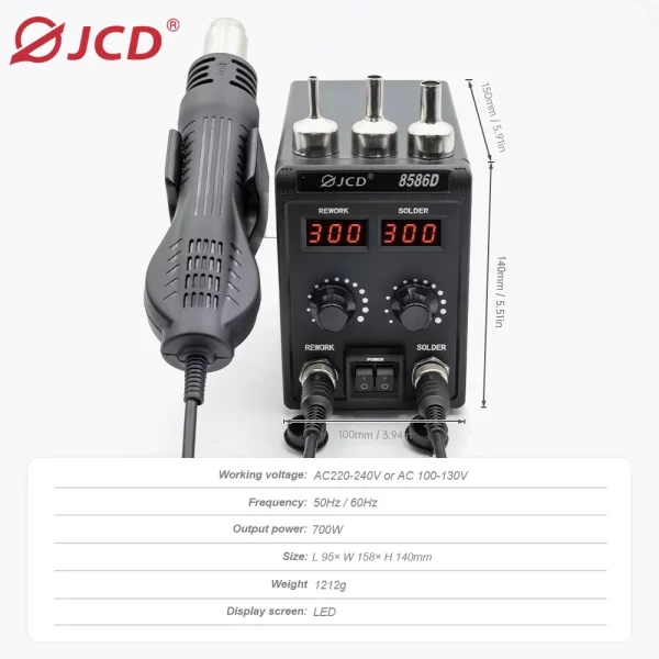 JCD 8586D Soldering Station 2 IN 1 Hot Air Gun Solder Station with 2 Digital display - Image 34