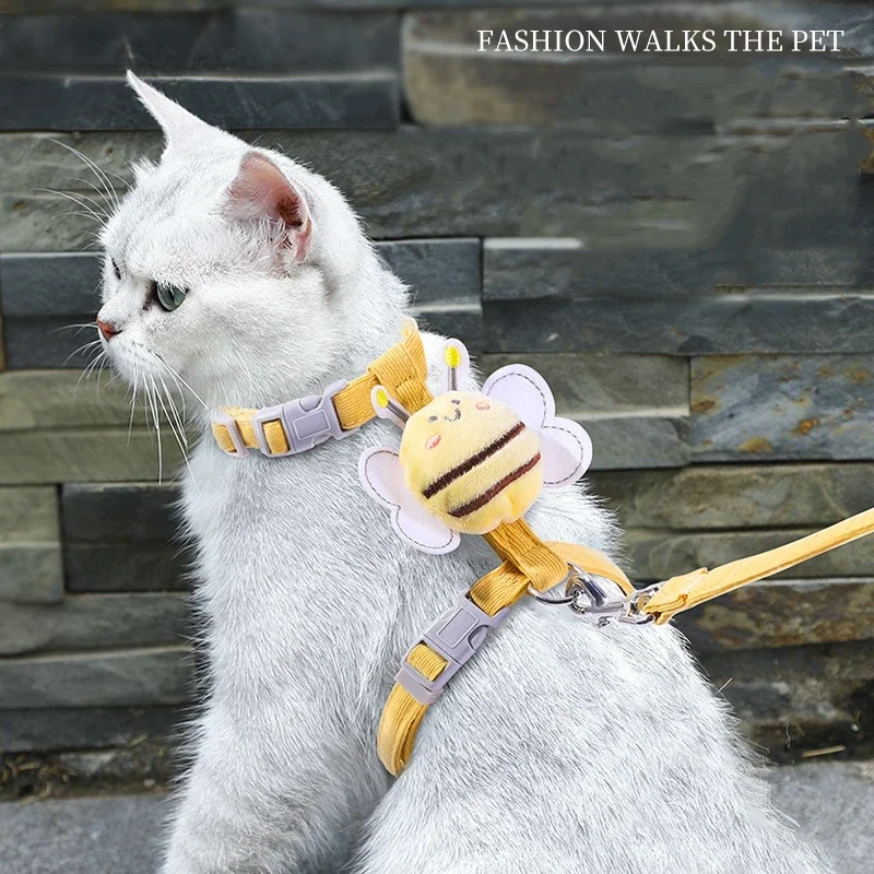 Cat Harness Leash Collar Set Adjustable Cartoon Bee Double Layer Dog Harness for Small Medium Pet Collar Leash