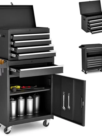 Roller cabinet with 5 drawers removable top box with inner lining adjustable shelf locking mechanism