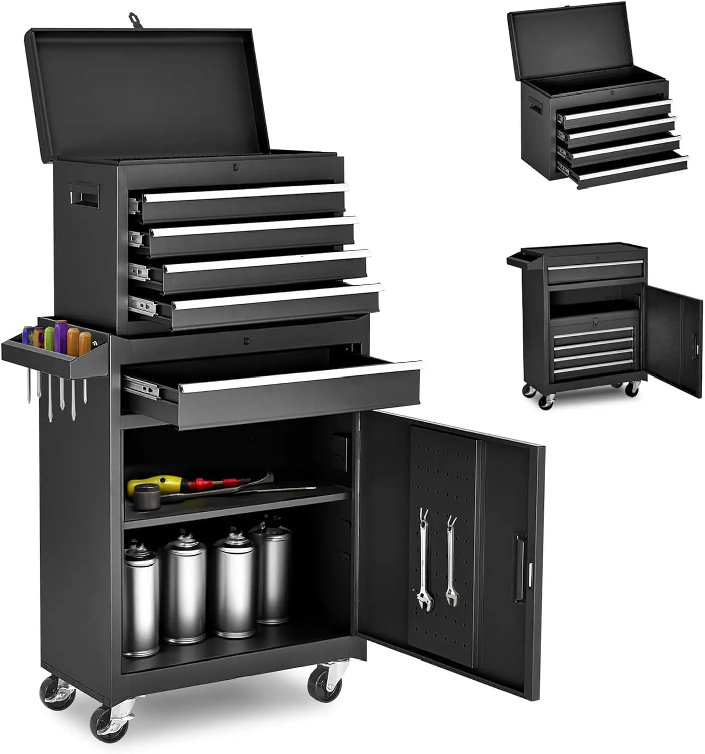 Roller cabinet with 5 drawers removable top box with inner lining adjustable shelf locking mechanism