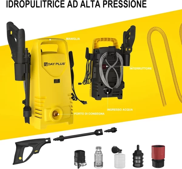 Electric High Pressure Washer 1600W,120bar,380l/h Adjustable Lance from 0 to 180°,7m Flexible Hose - Image 2