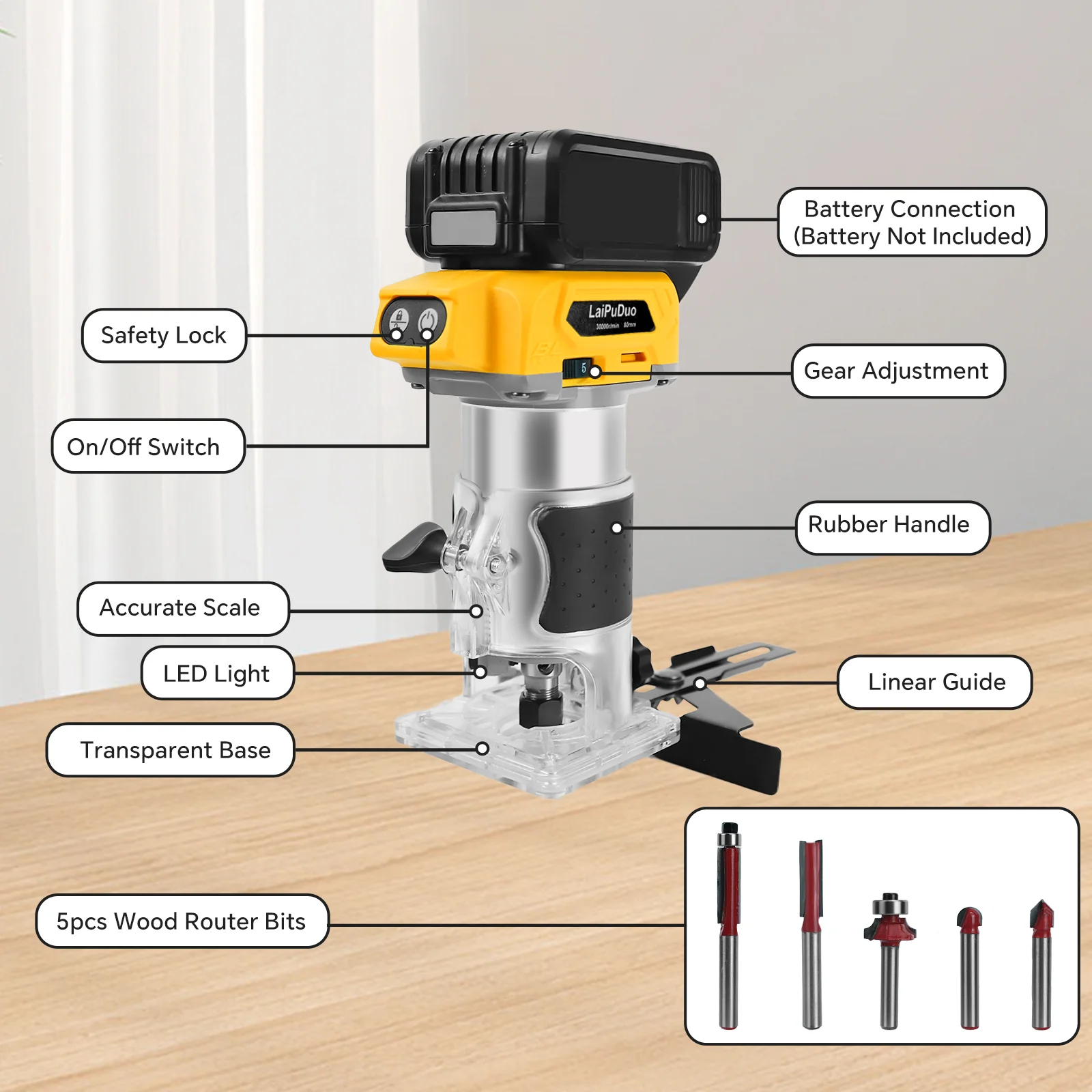 Cordless Wood Router 800W 30000RPM Brushless Electric Trimmer Woodworking Trimming Machine for Dewalt 20V Battery (No Battery) - Image 4