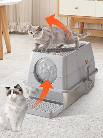 Stainless Steel Litter Box with Lid Anti-Leakage Non Stick Surface XXL Cat Litter Pan w/Scoop & Steps 60x40x39cm