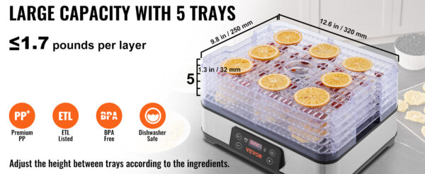 SucceBuy 5 Tray Food Dehydrator Machine 300W Stainless Steel Electric Food Dryer - Image 9
