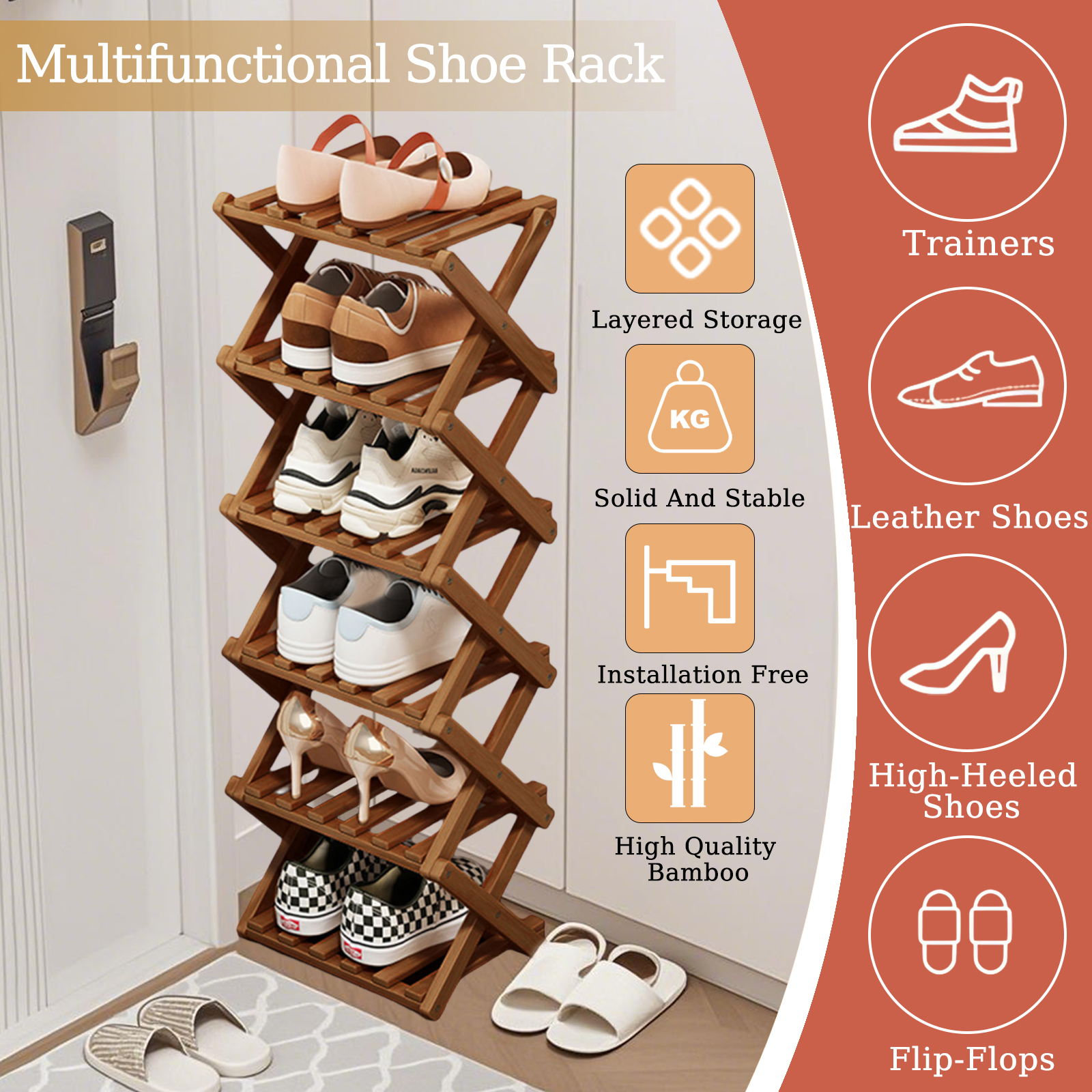 Shoe Rack Bamboo Foldable Storage Shoe Rack Multifunctional Shoe Racks Free Standing Rack - Image 29