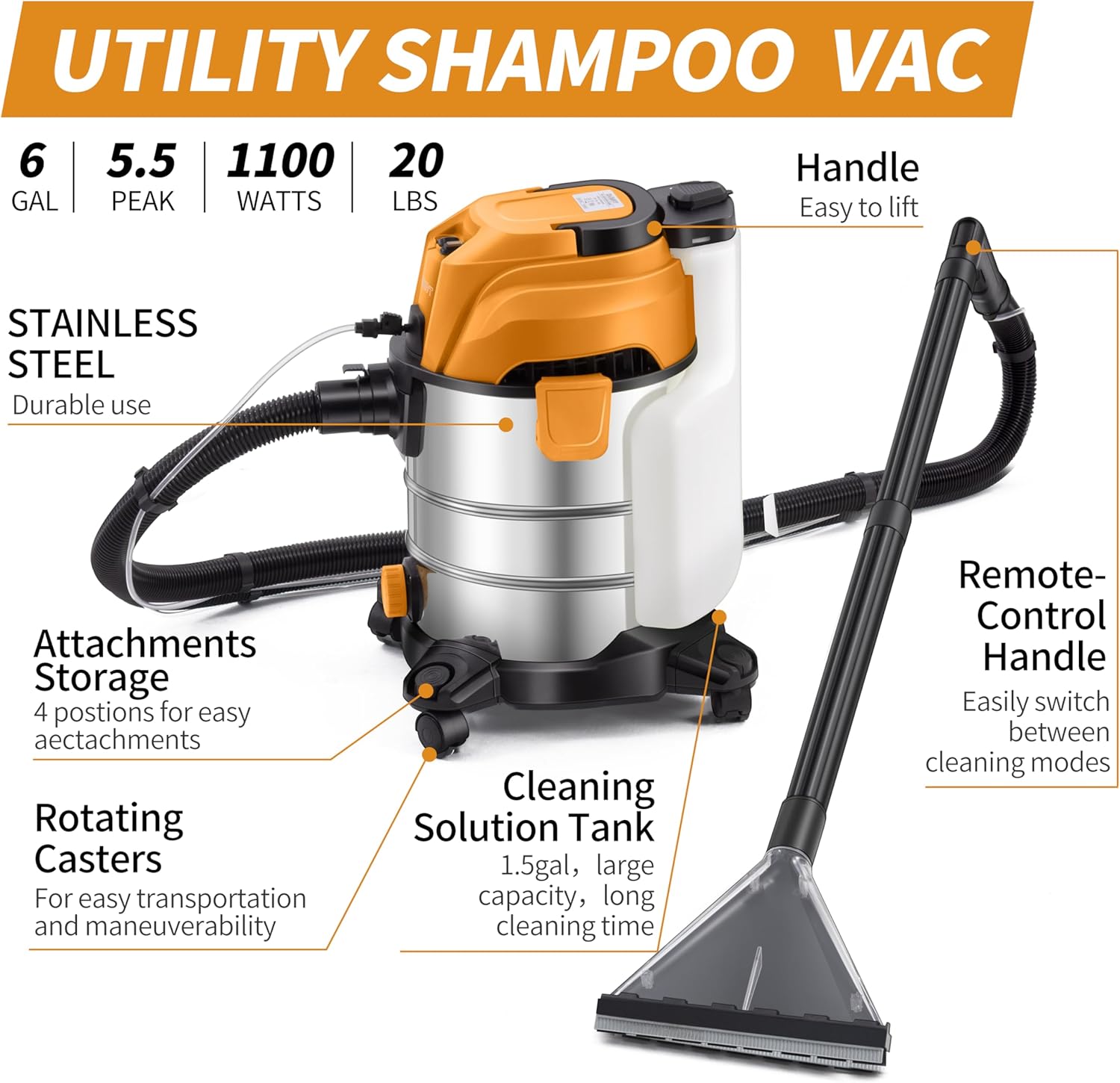 Shop Vacuum Wet and Dry, 6 Gallon 5.5 Peak HP, 3 in 1 Wet/Dry/Upholstery Shop Vac - Image 9