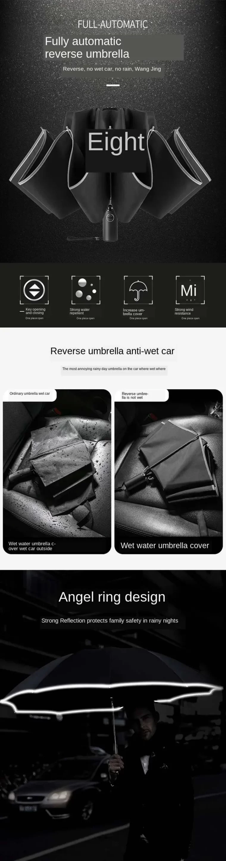 Men Women Umbrella Fully Automatic Reverse Folding Umbrella with Windproof Reflective Stripe UV Umbrellas - Image 16