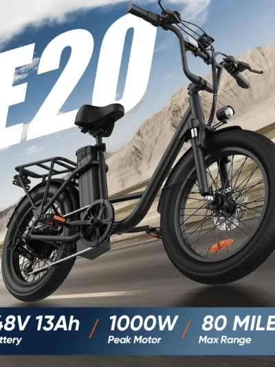 URLIFE 1000W E20 Electric Bike | 48V 13Ah Removable Battery, 20MPH, 20''X3" Fat Tire, 7-Speed E-Bike with Dual Disc Brake