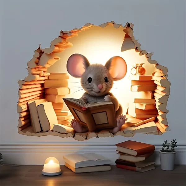 3D Reading Mouse Wall Stickers Cute Cartoon Animal Pattern Vinyl Decals - Image 2
