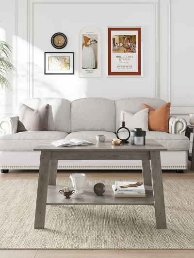 Rustic Farmhouse Wood Coffee Table with Storage Shelf
