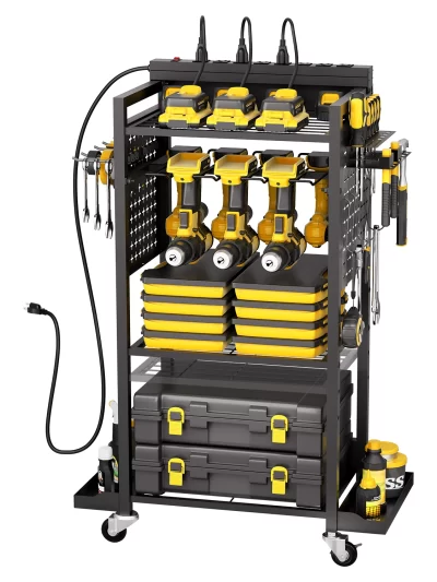 SucceBuy 4-tier Tool Organizer Cart with Charging Station AC Outlet Floor Stand Rolling Storage Drill Holder