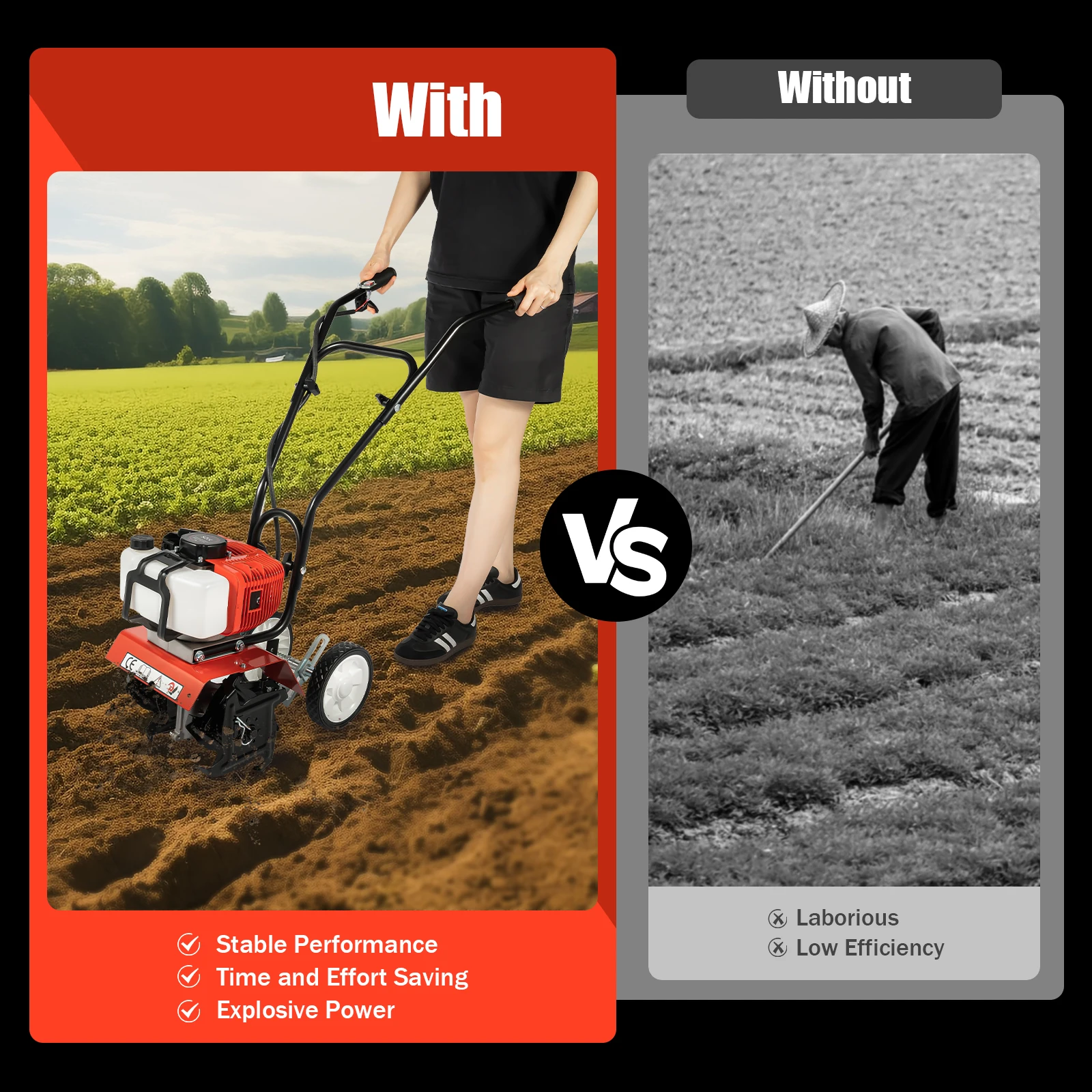 52CC 1700W Gasoline Garden Tiller Cordless 2-stroke Air-Cooled Cultivator 12in/30cm Wide 12cm dp - Image 7